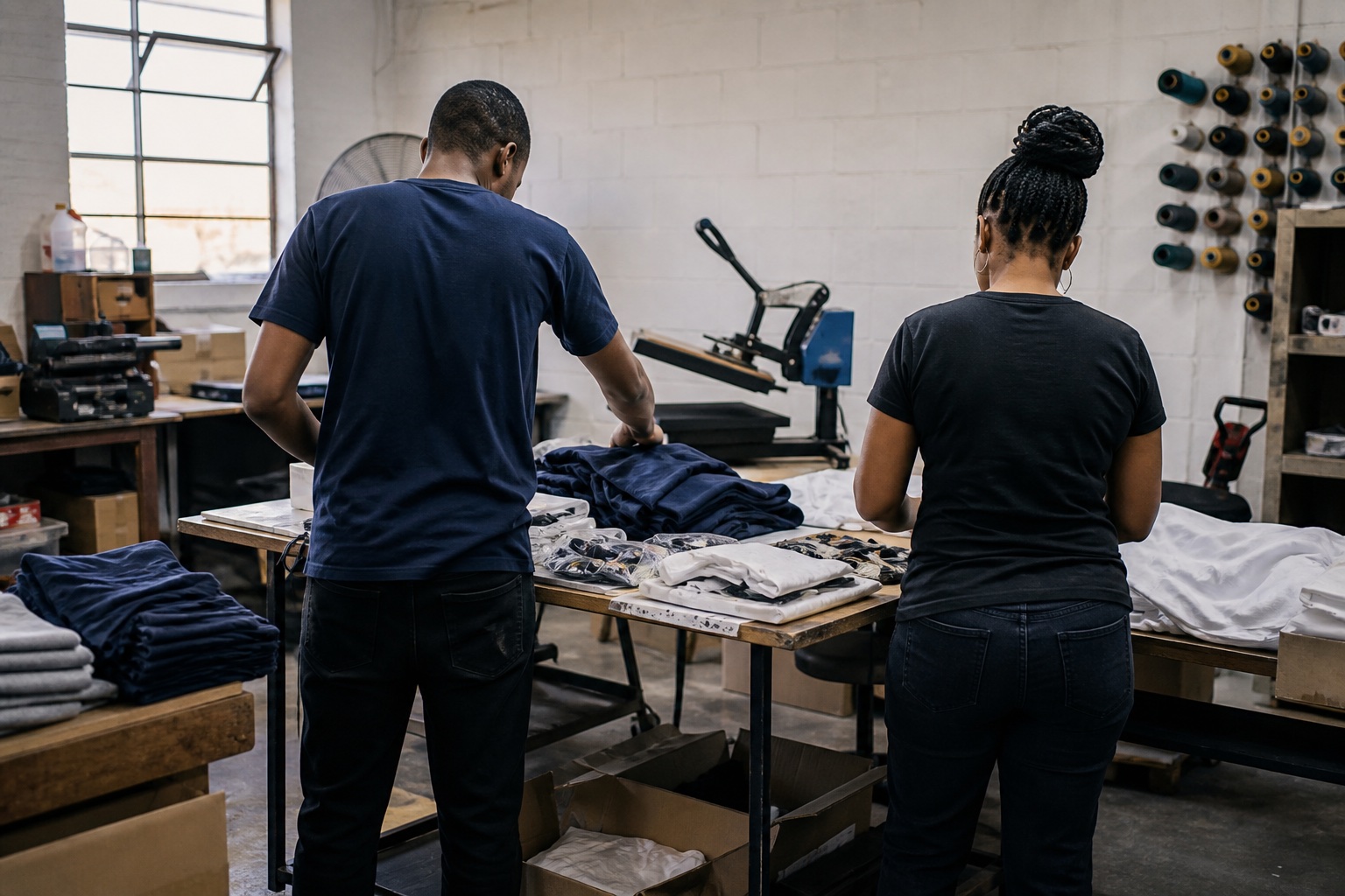 Two production staff preparing blank garments together at a central workbench in a small branding workshop.