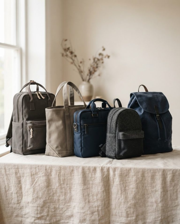 Five bags side by side: a canvas backpack, a tote, a laptop bag, a small felt backpack and a navy drawstring rucksack.