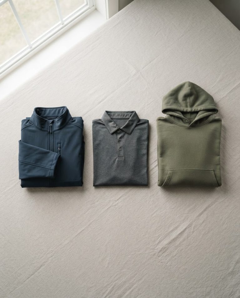A folded navy softshell jacket, a grey golf shirt and an olive hooded sweatshirt laid out in a row.