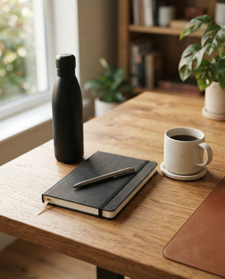 A black vacuum flask, a hardcover notebook, a metal pen and a stoneware mug on a desk.