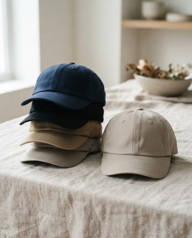 A stack of unbranded cotton caps in navy, black, khaki and stone beside a single pale cap.