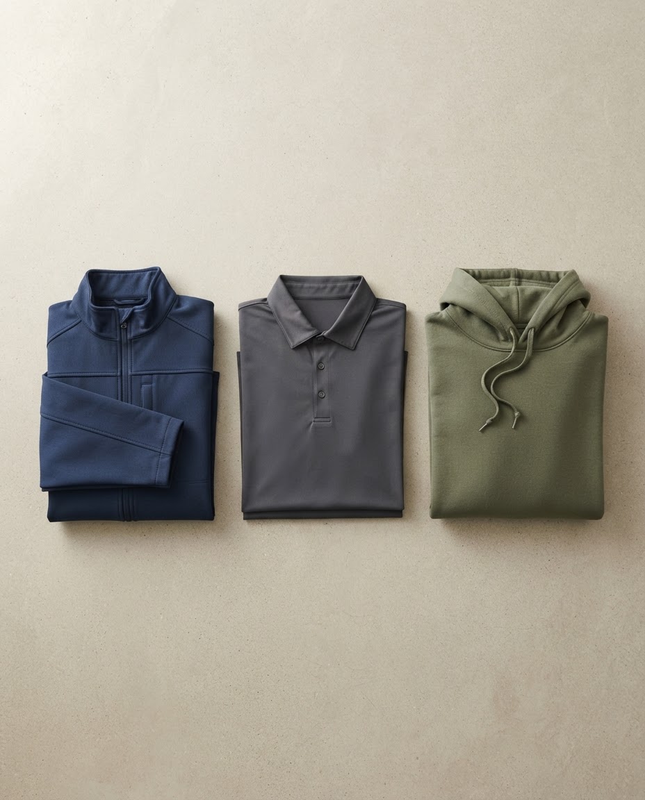 A navy jacket, a charcoal golf shirt and an olive hooded sweatshirt folded on a stone surface, ready for branding.